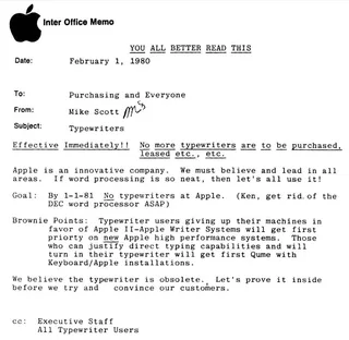 Apple memo from 1980 banning typewriters company-wide