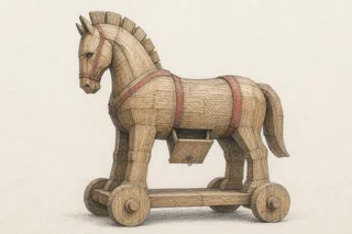 A wooden Trojan horse on wheels, colored pencil illustration