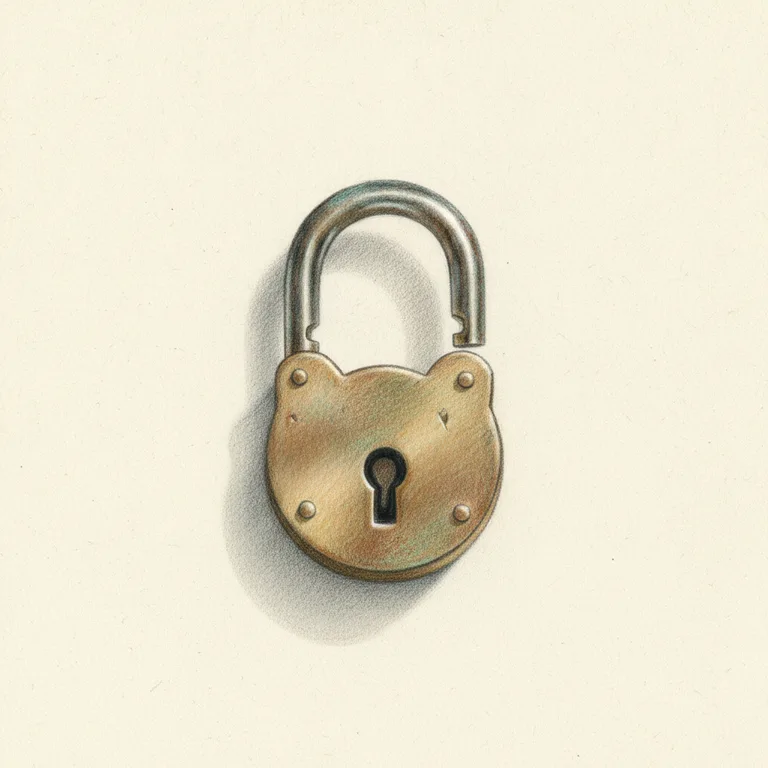 An open brass padlock drawn in colored pencil on textured paper