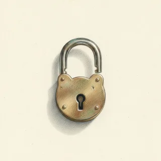 An open brass padlock drawn in colored pencil on textured paper