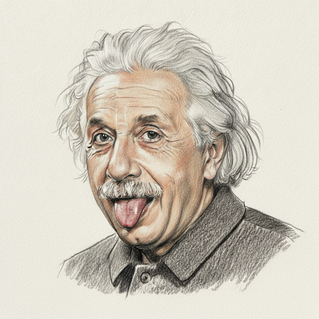 Albert Einstein sticking out his tongue, drawn in colored pencil