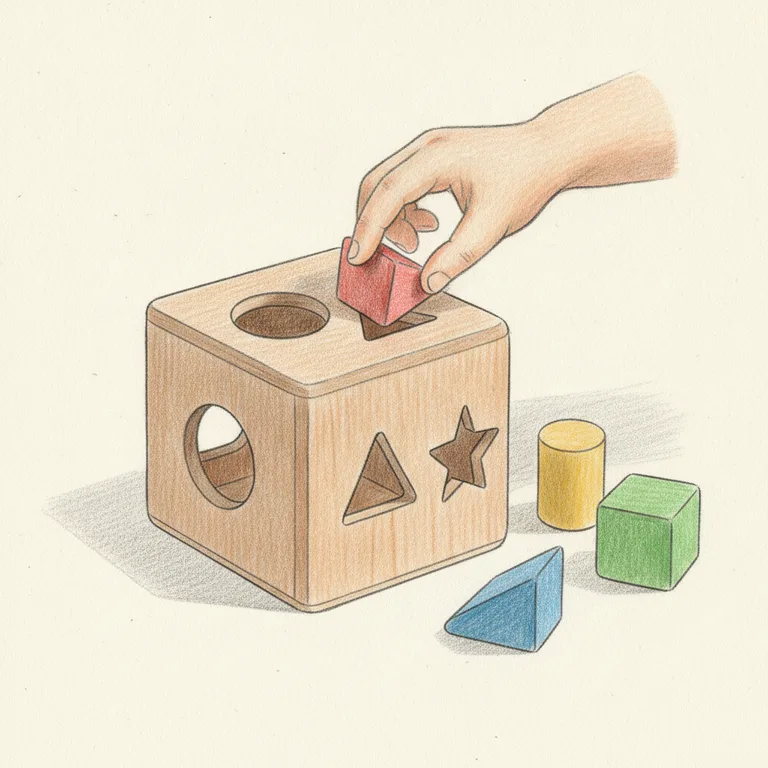 A child's hand sorting wooden shapes into a shape-sorter toy, colored pencil illustration