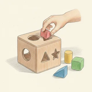 A child's hand sorting wooden shapes into a shape-sorter toy, colored pencil illustration