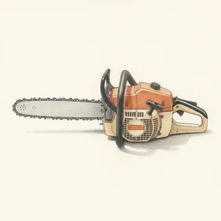 A vintage orange-and-cream gasoline chainsaw drawn in colored pencil on textured paper